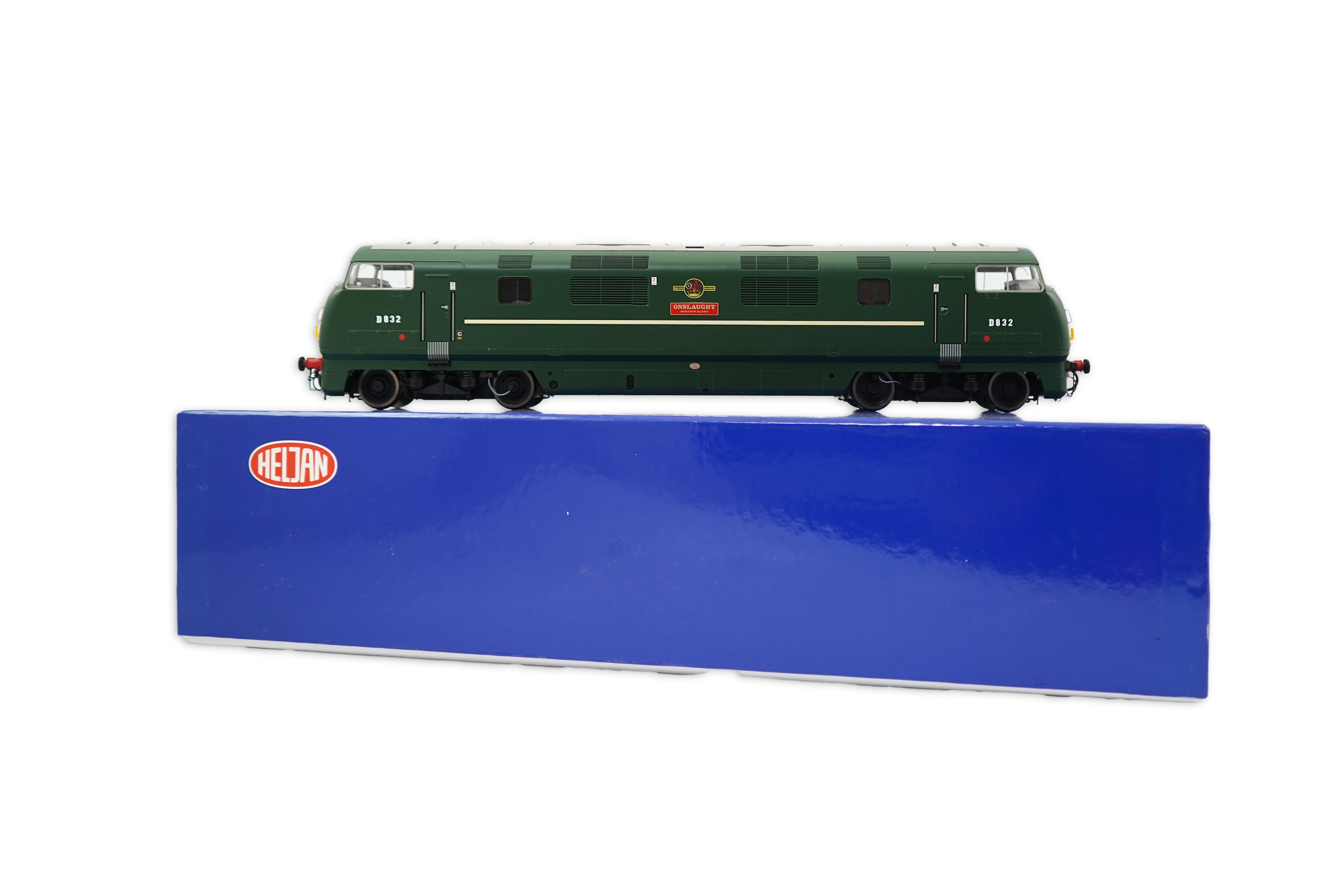 An 0 Gauge Heljan model of BR Warship Class Onslaught D832 Bo-Bo diesel hydraulic locomotive, powered for two rail operation, with original box.